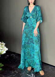 Chic Green V Neck Print Backless Silk Maxi Dresses Long Sleeve