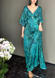 Chic Green V Neck Print Backless Silk Maxi Dresses Long Sleeve