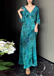 Chic Green V Neck Print Backless Silk Maxi Dresses Long Sleeve