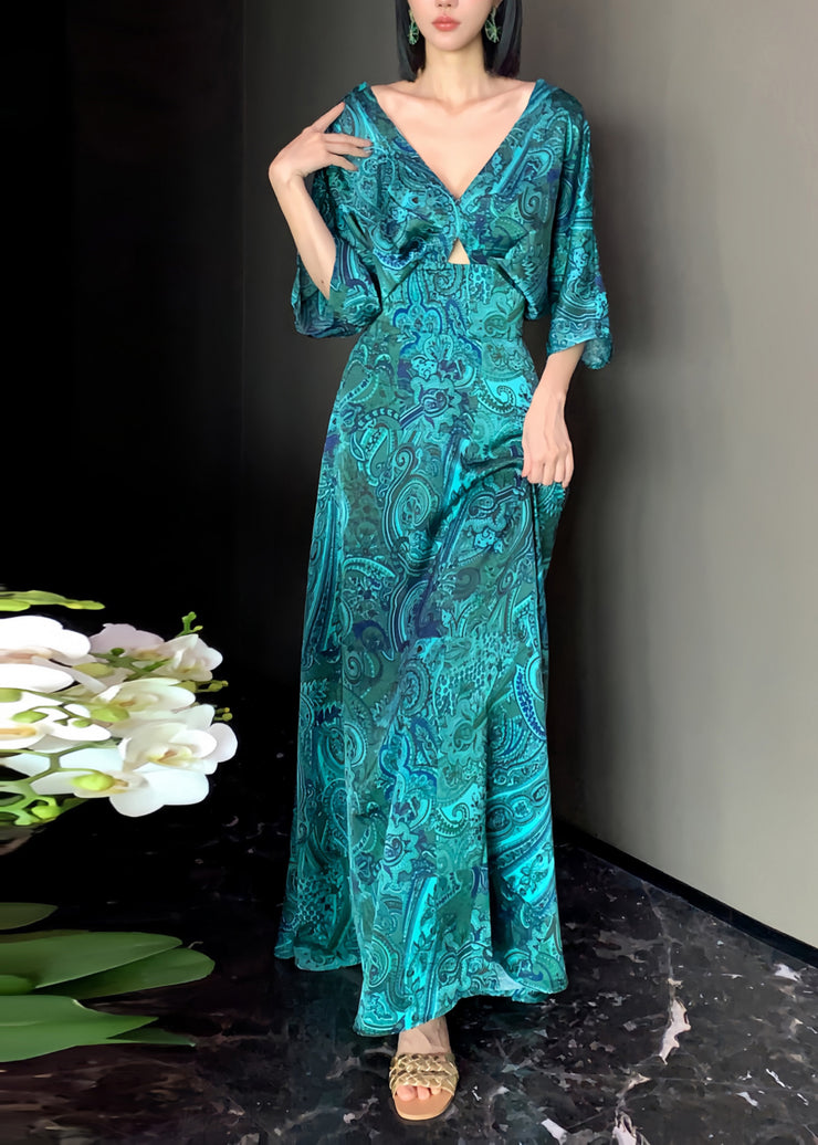 Chic Green V Neck Print Backless Silk Maxi Dresses Long Sleeve