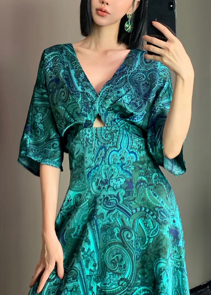 Chic Green V Neck Print Backless Silk Maxi Dresses Long Sleeve