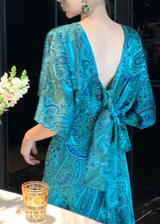 Chic Green V Neck Print Backless Silk Maxi Dresses Long Sleeve