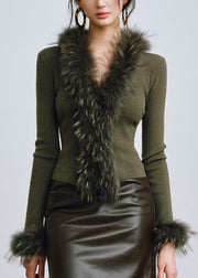 Chic Green V Neck Raccoon Hair Collar Patchwork Woolen Knit Sweaters Spring