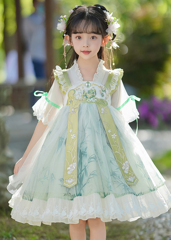 Chic Green V Neck Ruffled Patchwork Chiffon Kids Maxi Dress Summer