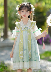 Chic Green V Neck Ruffled Patchwork Chiffon Kids Maxi Dress Summer