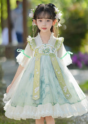 Chic Green V Neck Ruffled Patchwork Chiffon Kids Maxi Dress Summer