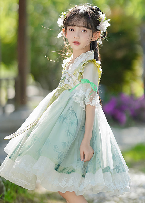 Chic Green V Neck Ruffled Patchwork Chiffon Kids Maxi Dress Summer