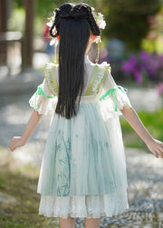 Chic Green V Neck Ruffled Patchwork Chiffon Kids Maxi Dress Summer