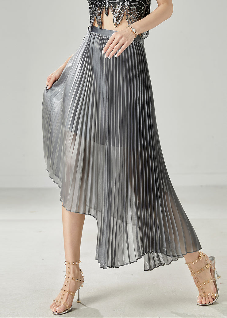 Chic Grey Asymmetrical Design Chiffon Pleated Skirt Summer