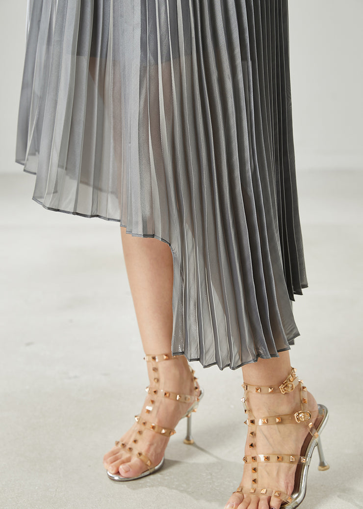 Chic Grey Asymmetrical Design Chiffon Pleated Skirt Summer