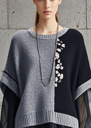 Chic Grey Asymmetrical Patchwork Tulle Knitted Tops Fall