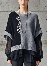 Chic Grey Asymmetrical Patchwork Tulle Knitted Tops Fall