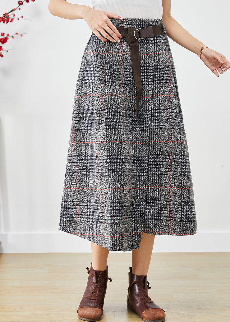 Chic Grey Asymmetrical Plaid Woolen A Line Skirts Fall