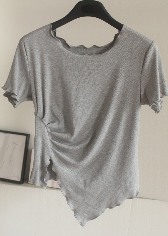 Chic Grey Asymmetrical Wrinkled Short Sleeve