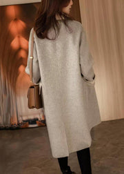 Chic Grey Button Pockets Patchwork Woolen Long Coat Fall