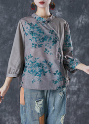 Chic Grey Chinese Style Patchwork Print Linen Blouse Top Fall