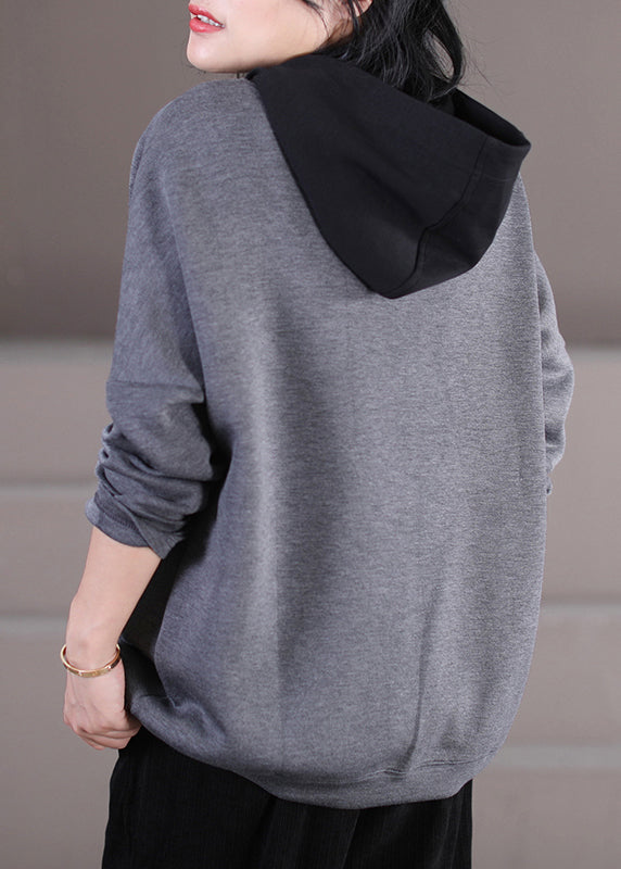 Chic Grey Drawstring Knit Patchwork Hooded Sweatshirt Fall