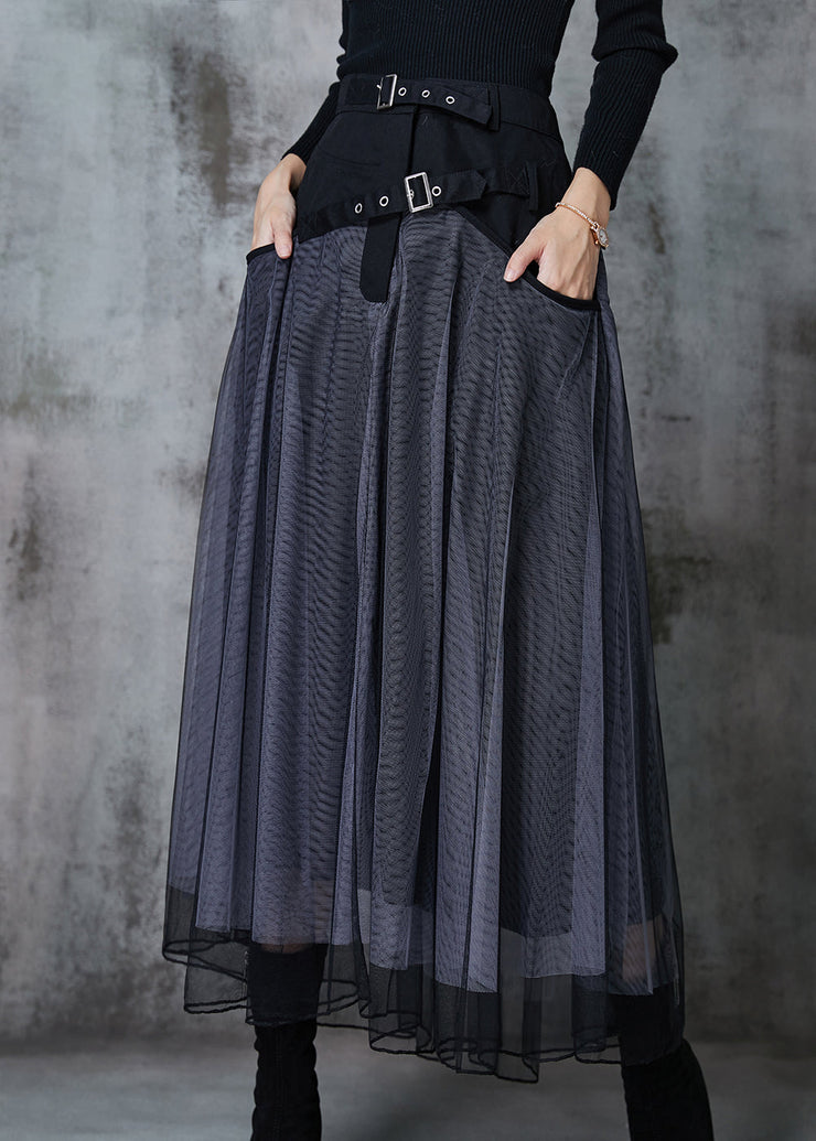 Chic Grey Exra Large Hem Patchwork Tulle Pleated Skirt Spring