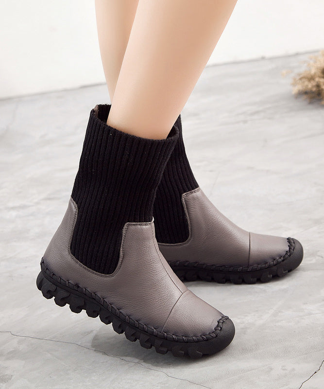 Chic Grey Faux Leather Boots Knit Splicing Boots