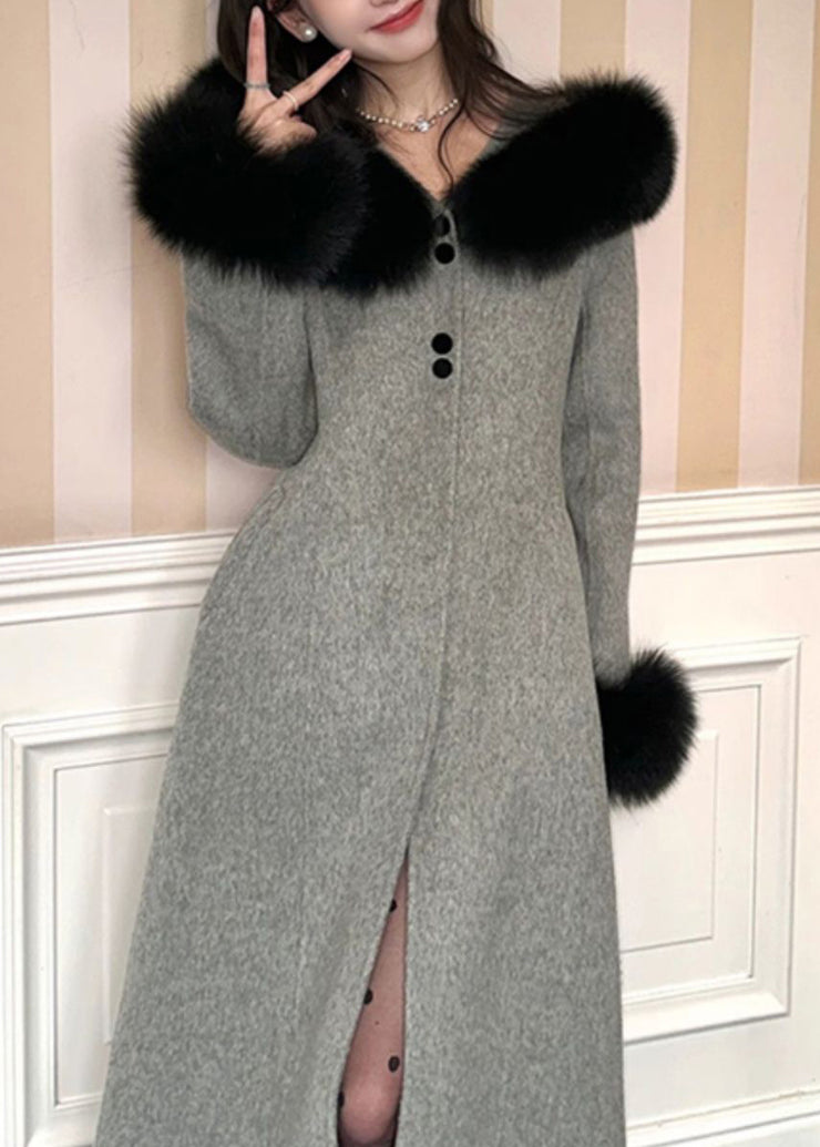 Chic Grey Fur Collar Patchwork Woolen Coat Spring