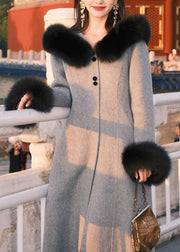 Chic Grey Fur Collar Patchwork Woolen Coat Spring