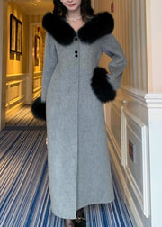 Chic Grey Fur Collar Patchwork Woolen Coat Spring