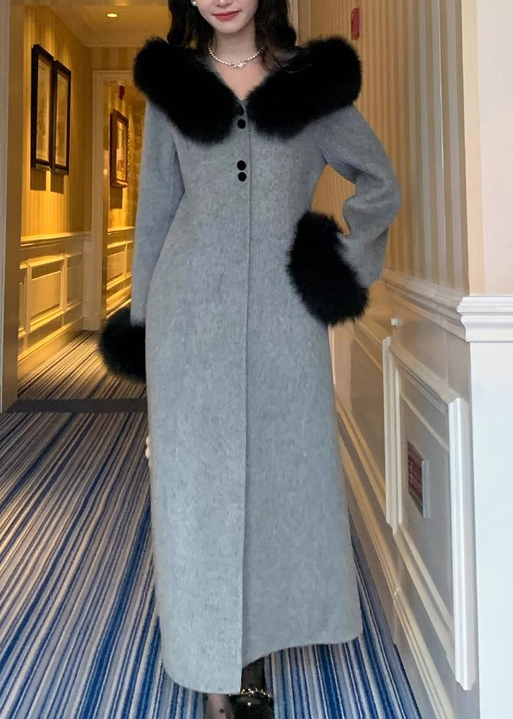 Chic Grey Fur Collar Patchwork Woolen Coat Spring