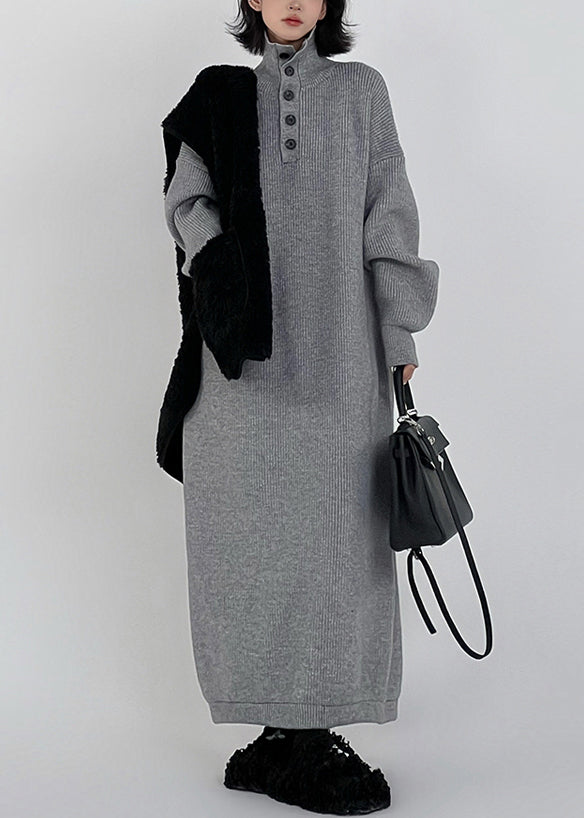 Chic Grey Hign Neck Button Long Knit Sweaters Dress Winter