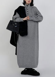 Chic Grey Hign Neck Button Long Knit Sweaters Dress Winter