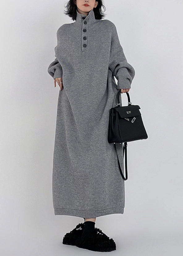 Chic Grey Hign Neck Button Long Knit Sweaters Dress Winter