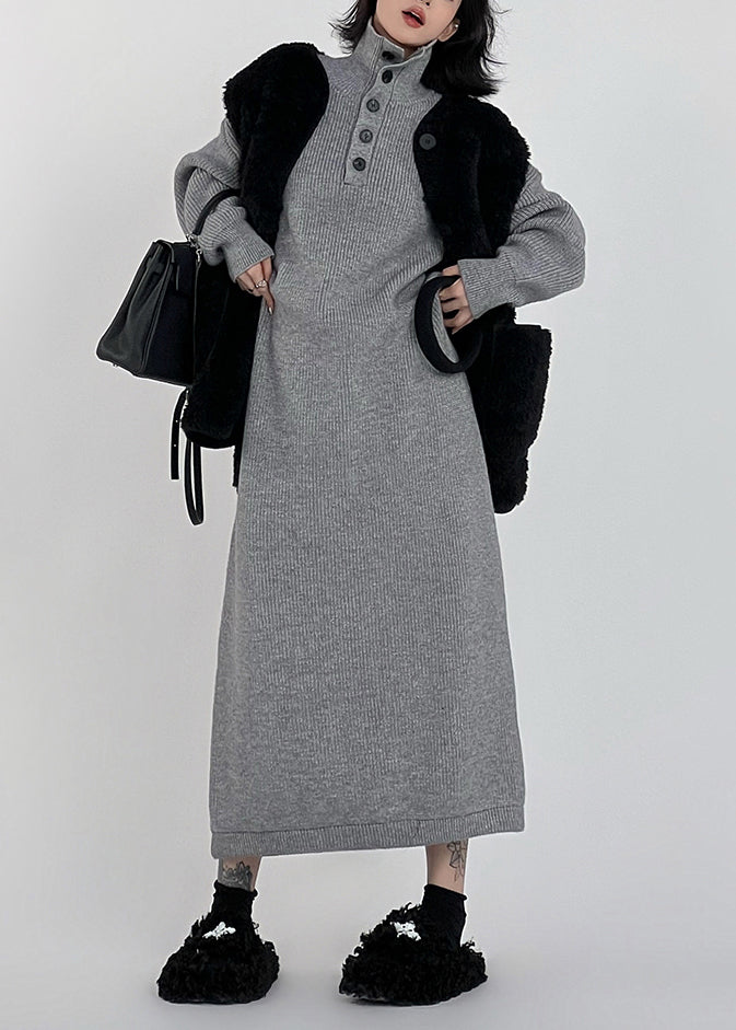 Chic Grey Hign Neck Button Long Knit Sweaters Dress Winter