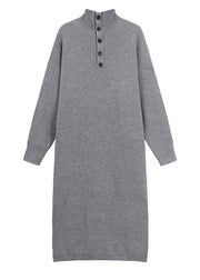 Chic Grey Hign Neck Button Long Knit Sweaters Dress Winter