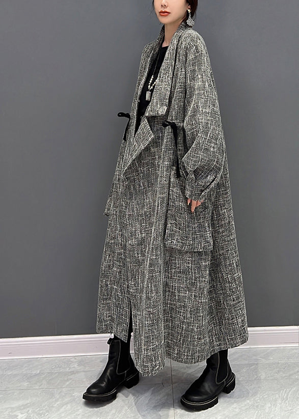 Chic Grey Notched Plaid Button Trench Coats Fall