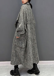 Chic Grey Notched Plaid Button Trench Coats Fall