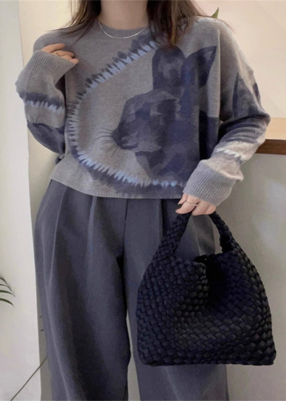 Chic Grey O Neck Animal Print Thick Woolen Sweaters Fall