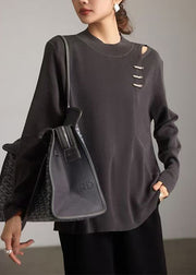 Chic Grey O-Neck Hollow Out Knit Top Spring