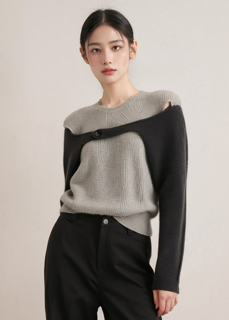 Chic Grey O Neck Patchwork Woolen Knitted Tops Fall