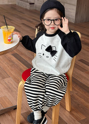 Chic Grey O-Neck Striped Girls Sweatshirt And Lantern Pants Two Piece Set Spring