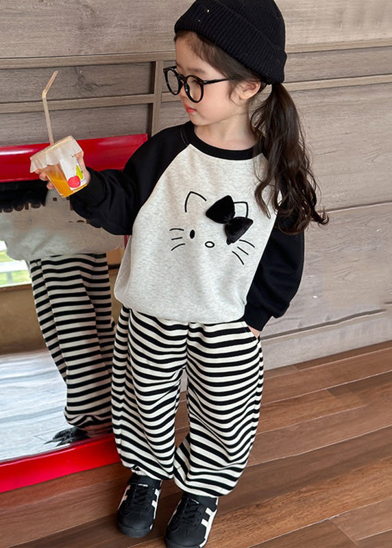 Chic Grey O-Neck Striped Girls Sweatshirt And Lantern Pants Two Piece Set Spring