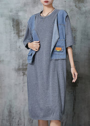 Chic Grey Oversized Patchwork Cotton Robe Dresses Summer