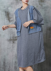 Chic Grey Oversized Patchwork Cotton Robe Dresses Summer