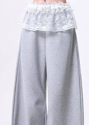 Chic Grey Oversized Patchwork Lace Cotton Wide Leg Pants Spring