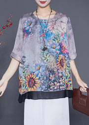 Chic Grey Oversized Patchwork Print Silk Shirts Summer