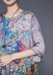 Chic Grey Oversized Patchwork Print Silk Shirts Summer