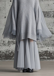 Chic Grey Patchwork Tulle Knitted Dress Oversized Batwing Sleeve