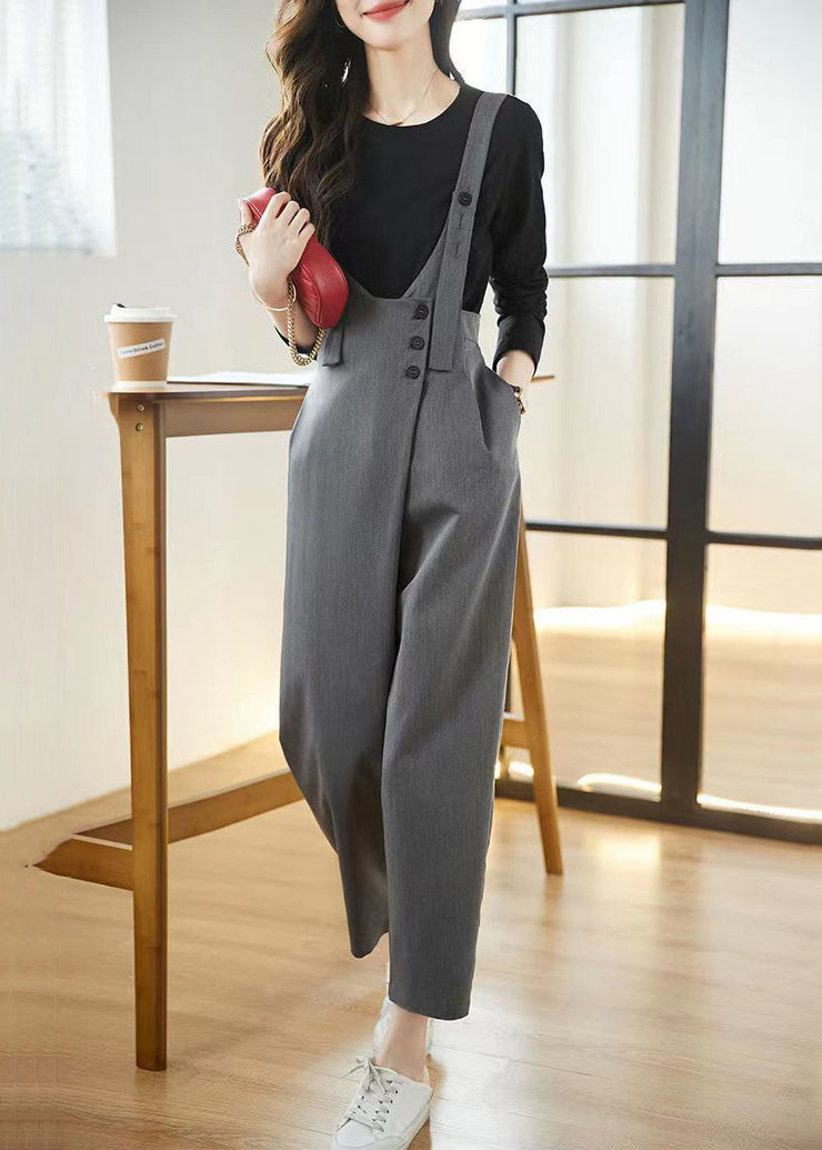 Chic Grey Pockets High Waist Patchwork Cotton Jumpsuits Fall