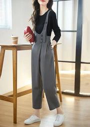 Chic Grey Pockets High Waist Patchwork Cotton Jumpsuits Fall