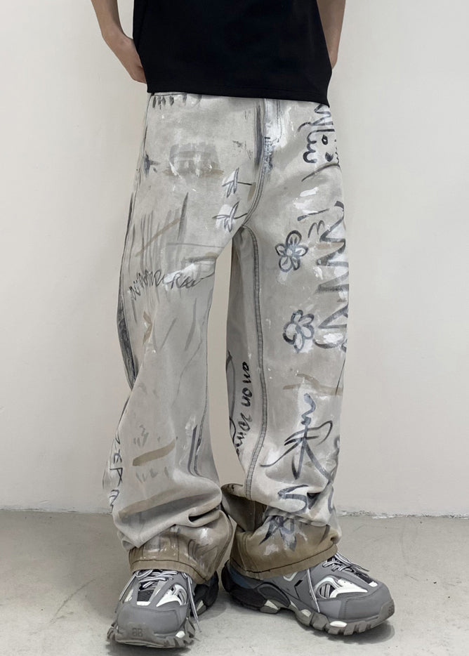 Chic Grey Pockets Tie Dye Cotton Denim Men Pants Fall