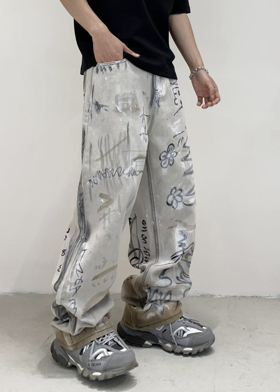 Chic Grey Pockets Tie Dye Cotton Denim Men Pants Fall