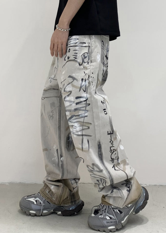 Chic Grey Pockets Tie Dye Cotton Denim Men Pants Fall